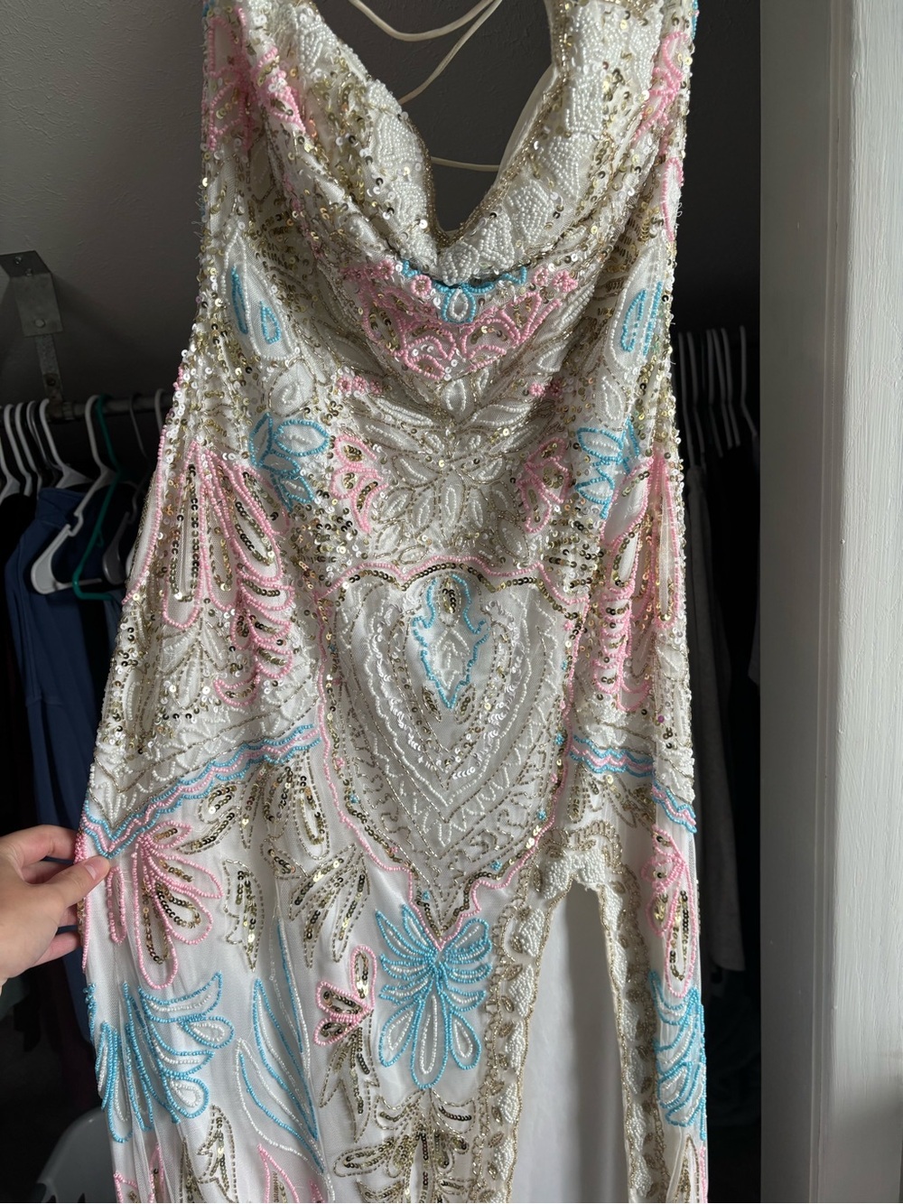 Primavera Couture Ivory Beaded Prom Dress with Pink and Blue Accents